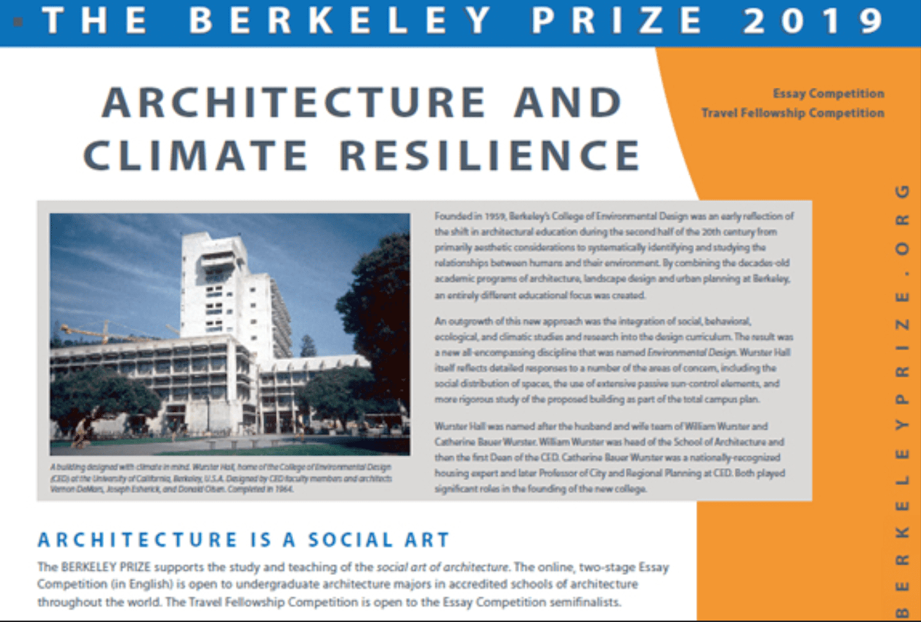 Berkeley Undergrad Reward for Architectural Style Quality 2019 Essay Competitors & & Travel Fellowship -USD$ 25,000 Reward)