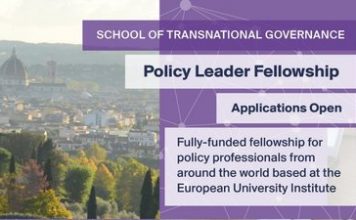 European University Institute (EUI) School of Transnational Governance 2020/2021 Policy Leader Fellowship (Fully Funded to Florence, Italy with € 2,500 Monthly Grant)