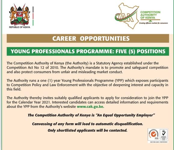 Competition Authority of Kenya Young Professional Programme (YPP) 2020/2021 for young Kenyans