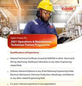 Egbin Power Plc Operations & Maintenance Technician Trainee Programme 2021 for young Nigerians.