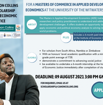 Canon Collins Trust Scholarship for Economic Justice 2021/2022 (up to R60,000)