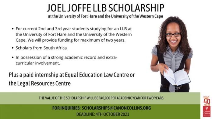 Canon Collins Trust 2022 Joel Joffe LLB scholarships at the University of Fort Hare and the University of the Western Cape – South Africa